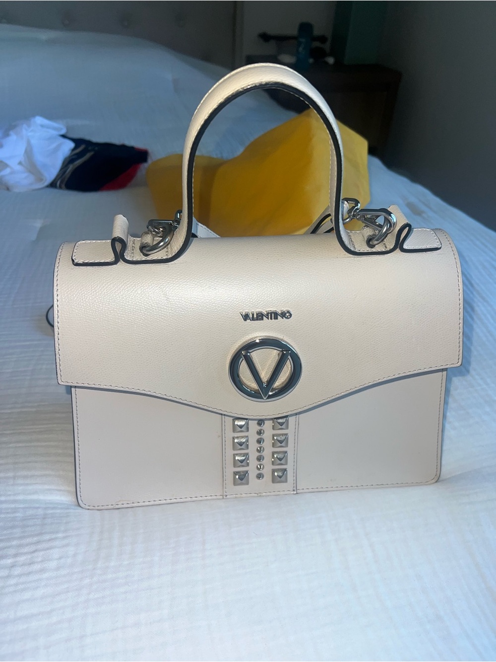 Valentino Cream Leather Top-Handle Satchel with Silver Hardware